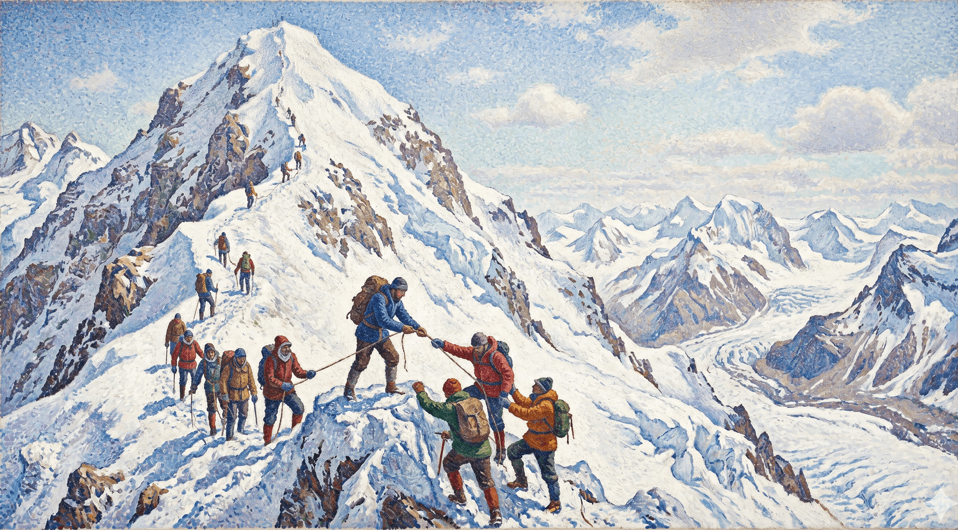 A team of mountaineers roped together, helping one another climb toward a snow-capped summit.